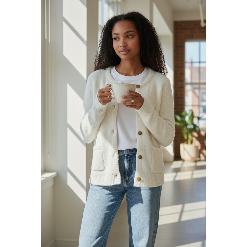 J Crew Cardigan Wool, Alpaca Blend Cream Minimalist Preppy Cozy
